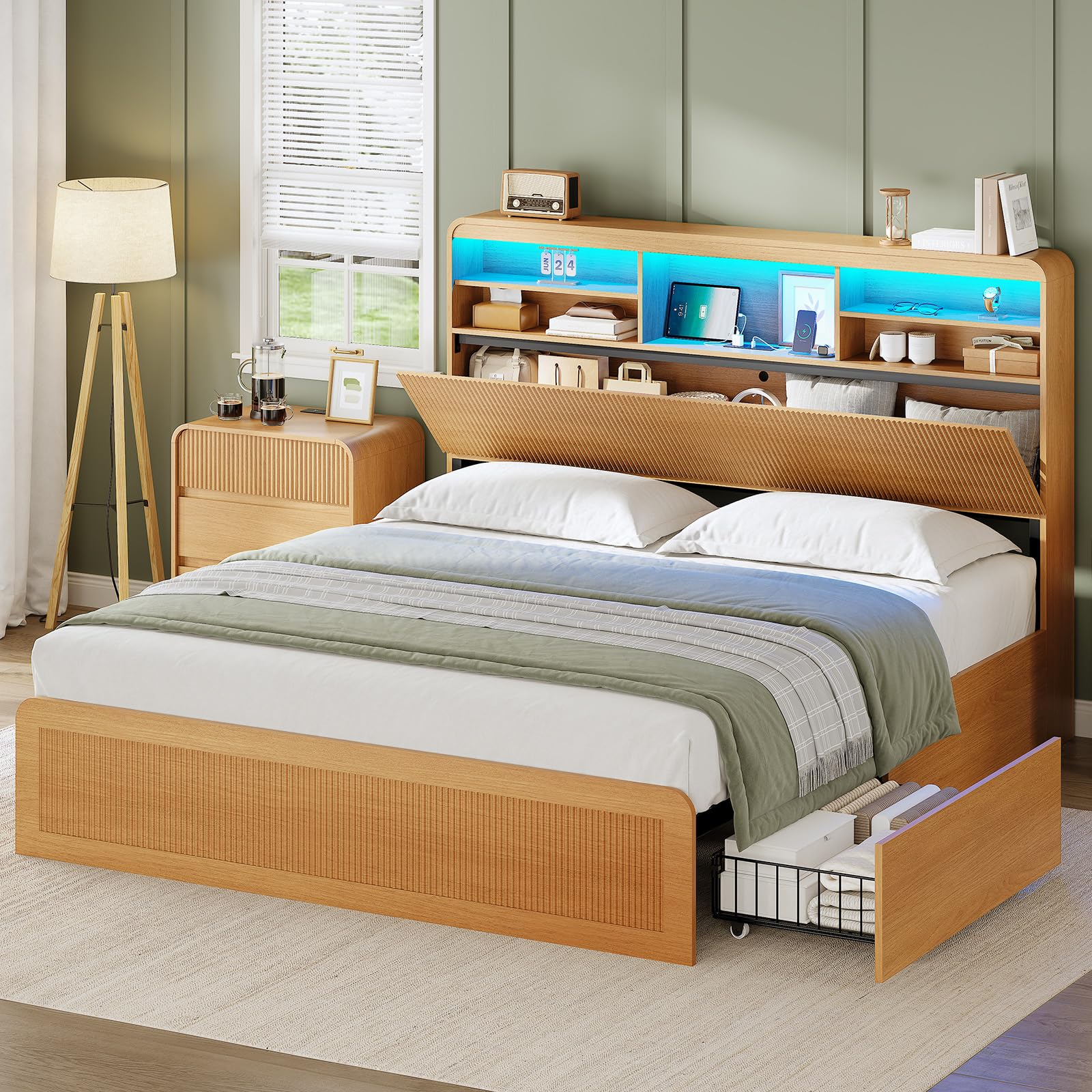 AOGLLATI Full Size Bed Frame with 4 Storage Drawers and Hidden Storage ...