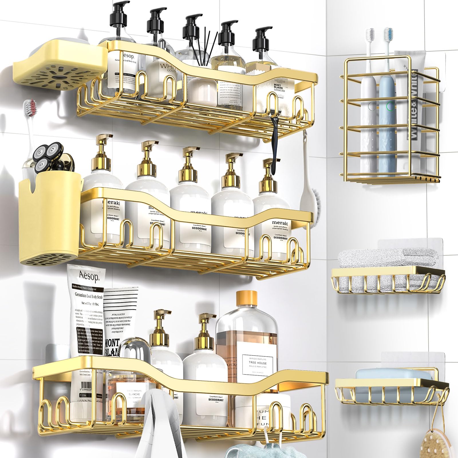 NESOMI Shower Caddy Adhesive Shower Organizer 8-Pack, Rustproof Stainless Steel Bathroom Shelves, Large Capacity No-Drill Rack Storage Accessories with Soap Dish Toothbrush Holder Hooks Image