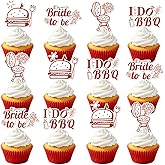 36Pcs I Do BBQ Engagement Cupcake Toppers,Red Minimalist Line BBQ Theme Paper Cupcake Decor Kit for Bridal Shower Engagement Party Supplies