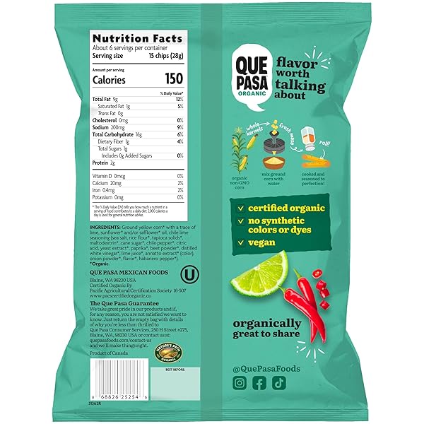 QUE PASA ORGANIC CHILE LIME TORTILLA CHIPS, 6.5 OUNCE (PACK OF 1)