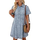 LILLUSORY Women's Short Sleeve Denim Dress - Knee Length Button Down Casual Jean Dress