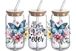 DTHOME3 UV DTF Glass Cup Wrap Transfer - Gifts for Mom from Daughter -Best Mom Ever Butterfly Floral UVDTF Waterproof Decal for 16oz Glass Cups, Ceramic Mug DIY Crafts, Mama Gifts - 3PCS