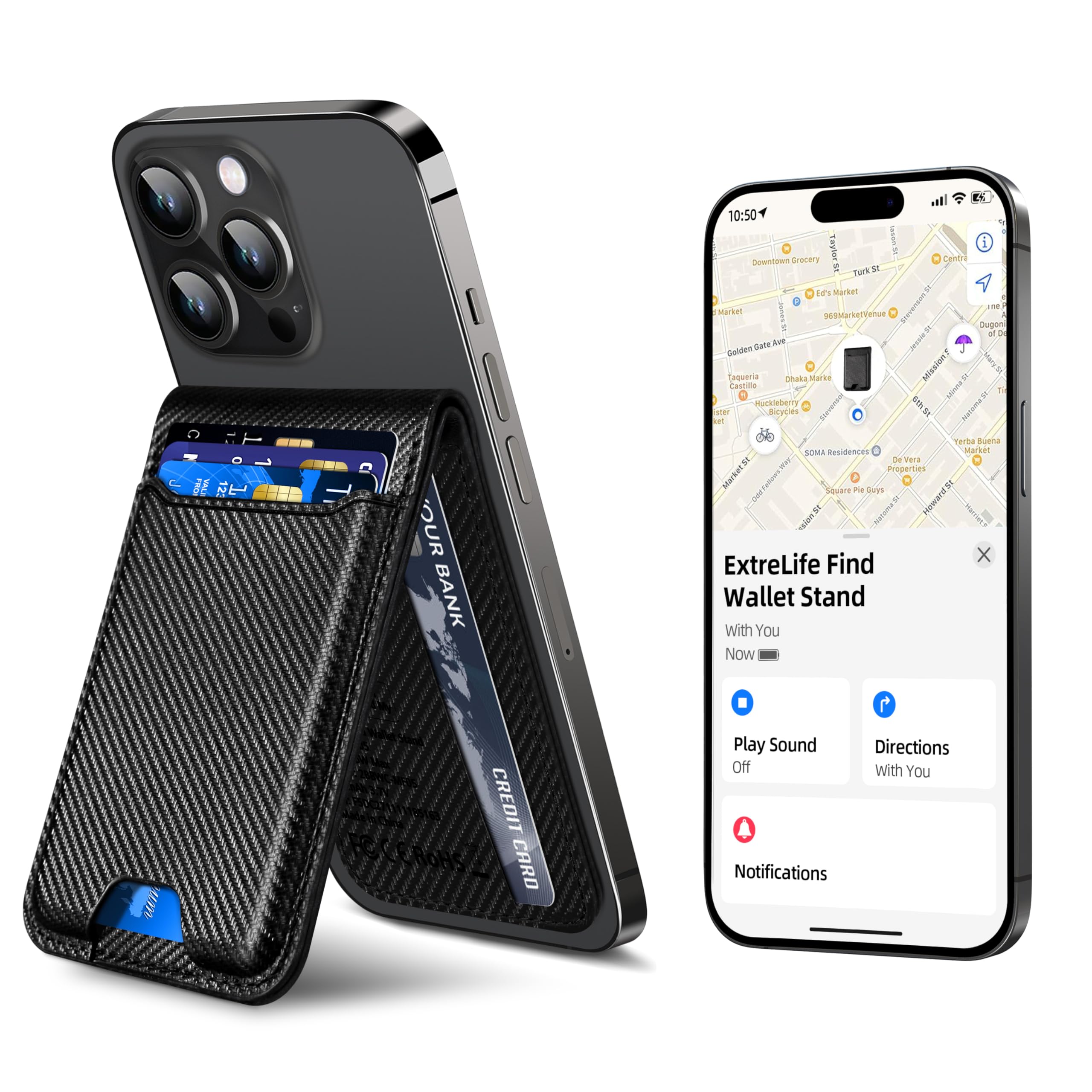 for Magsafe Wallet, Works with Apple Find My, Magnetic Wallet for iPhone 17/16/15/14/13/12, for iPhone Walle t with Adjustable Stand, WalletTracker, 6 Cards Holder, Vegan Leather, Black Carbon Fiber
