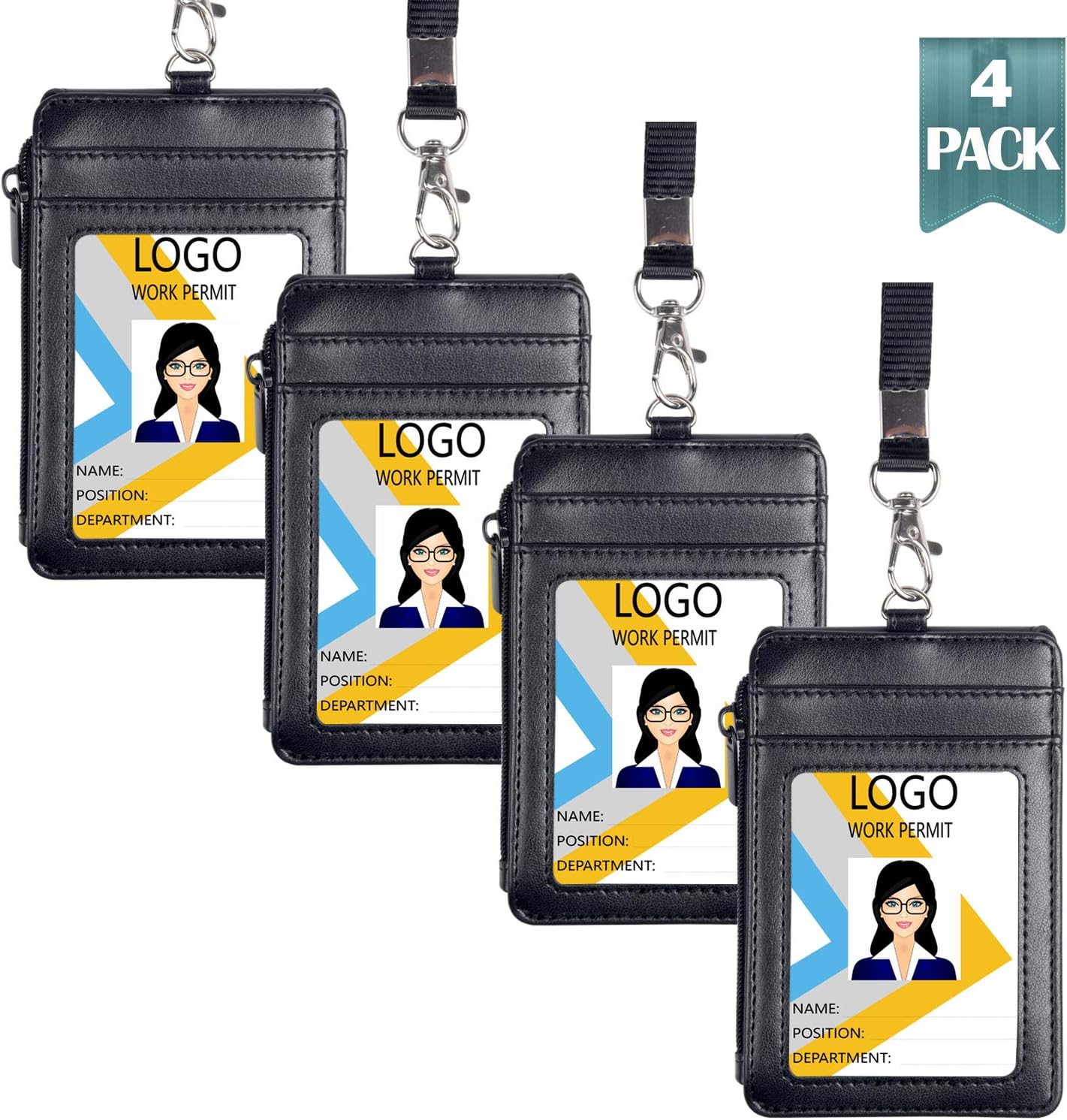 Leather Badge Holder with Zipper Pocket, 1 Clear ID Window and 3 Card Slots with Secure Cover, Premium Leather ID Holder with Nylon Lanyard for Office School ID, Credit Cards, Driver Licence : Office Products