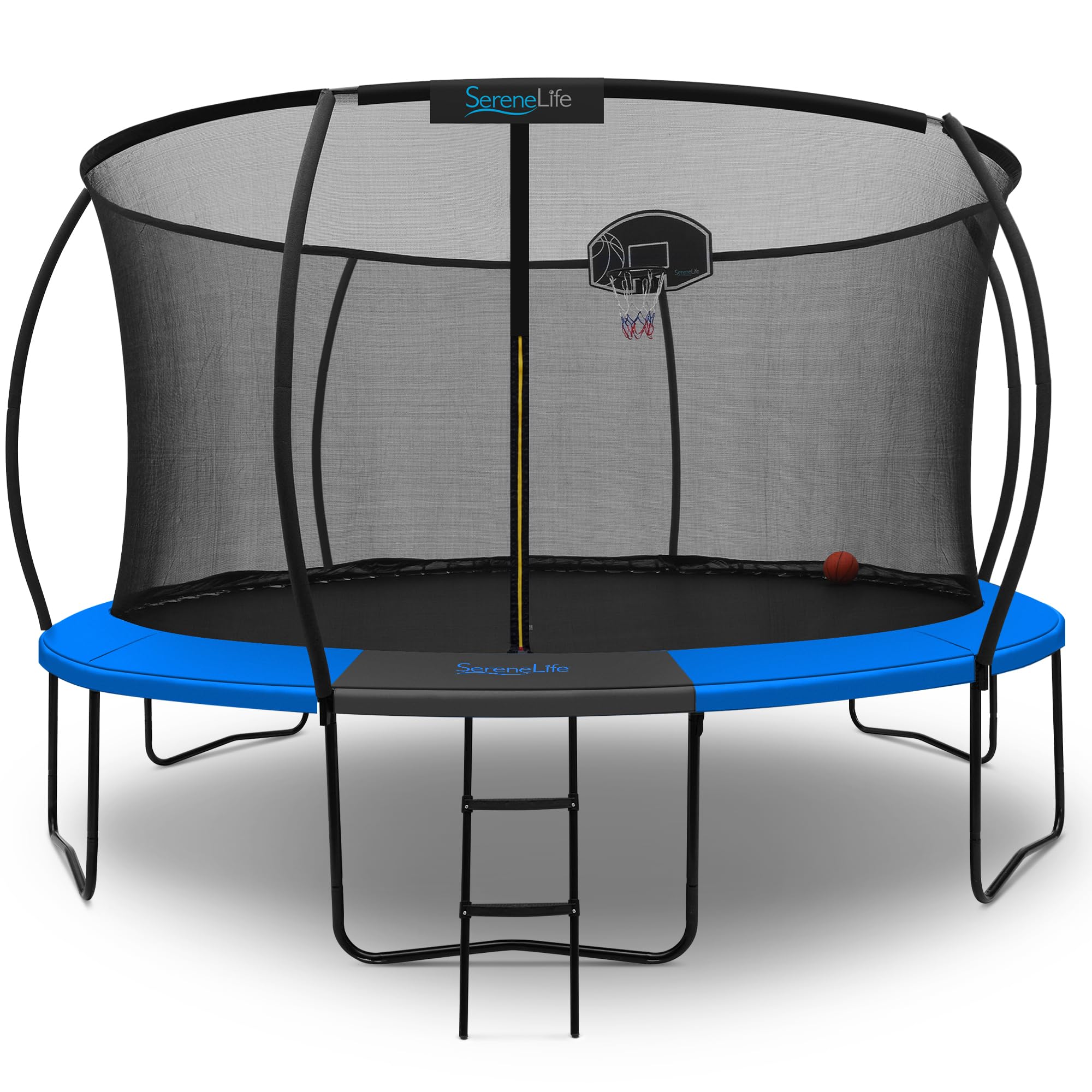SereneLife 14FT Outdoor Trampoline for Kids – Durable Backyard Kids Trampoline with Curved Safety Poles, Net Enclosure, Ladder & Basketball Hoop – ASTM Certified, Supports 330 lbs, 168"x116", Blue Image