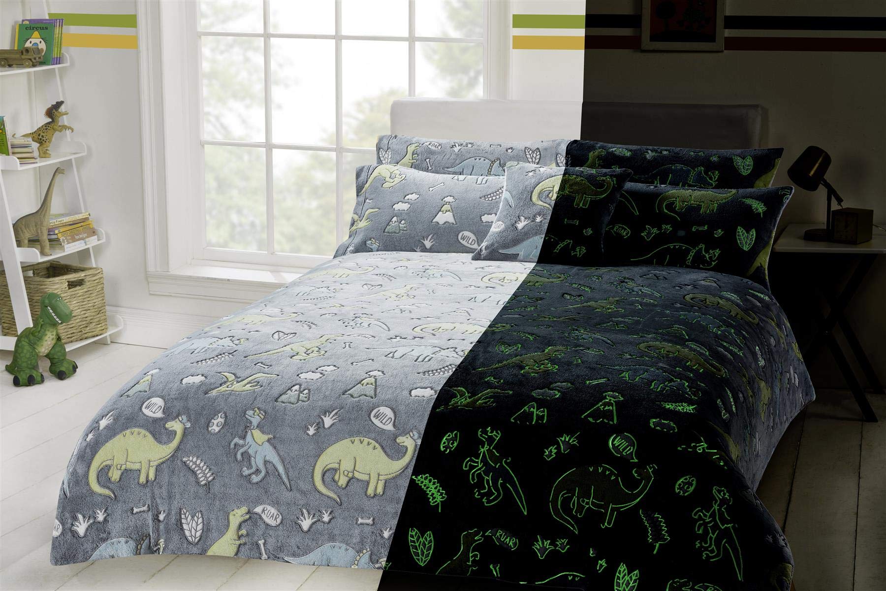 Olivia Rocco Glow In The Dark Teddy Fleece Duvet Cover Sets Soft Warm Kids Bedding Childrens Quilt Covers Set, Dinosaurs Double