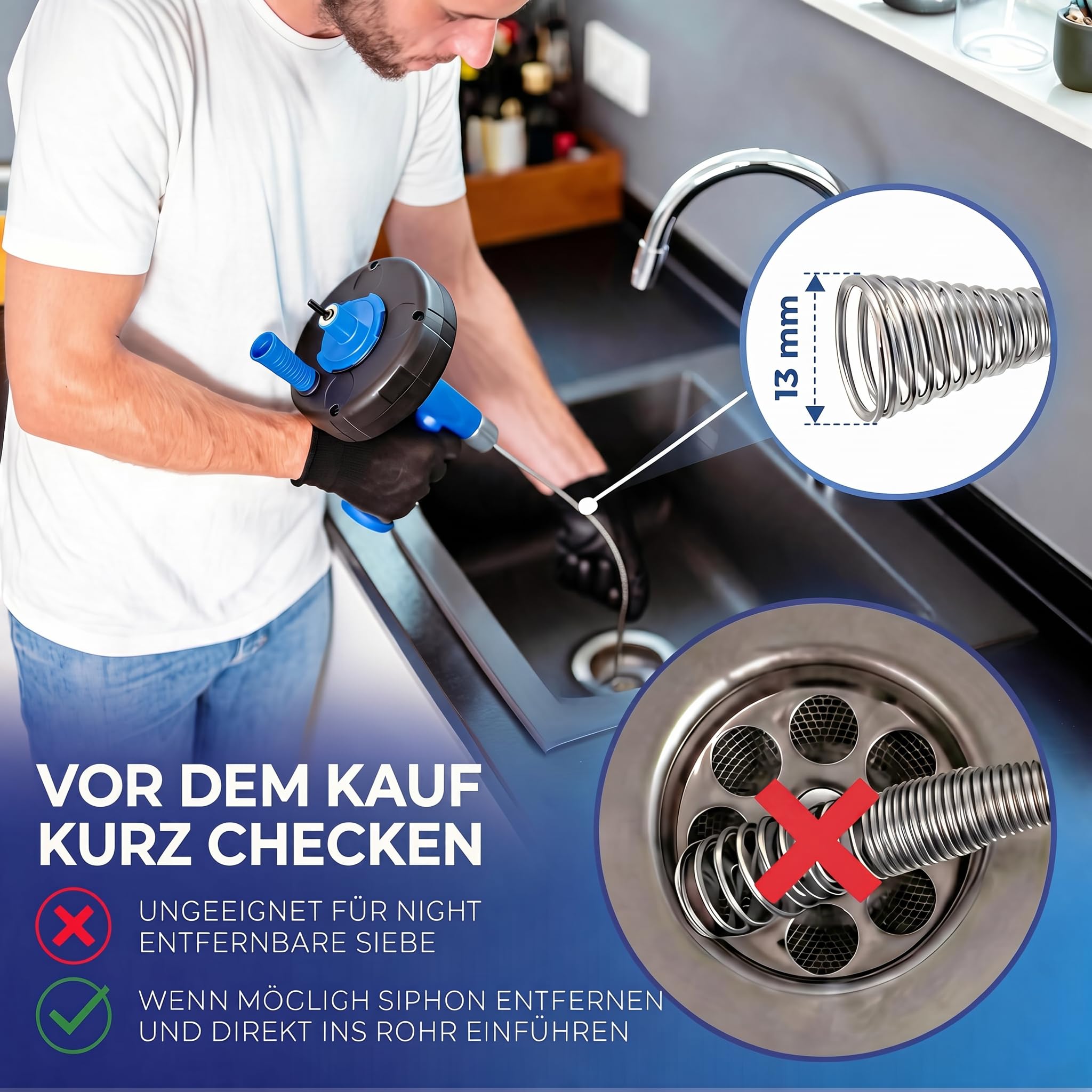 CLEVERWERK Rohrreinigungsspirale 7,5m[Spannfutter]Abflussreiniger Spirale 4