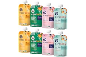 Cerebelly Organic Baby Food Pouches Variety Pack, Veggie & Fruit Purees, 16 Nutrients, No Added Sugar, Fiber & Non-GMO, 4oz, 8 Pack