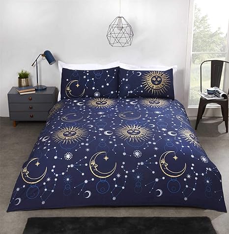 Amazon Com Celestial Suns Moons Stars Navy Blue Gold Cotton Blend Usa Queen Size Comforter Cover 230 X 220cm Uk King Size Plain Navy Blue Fitted Sheet 152 X 200cm