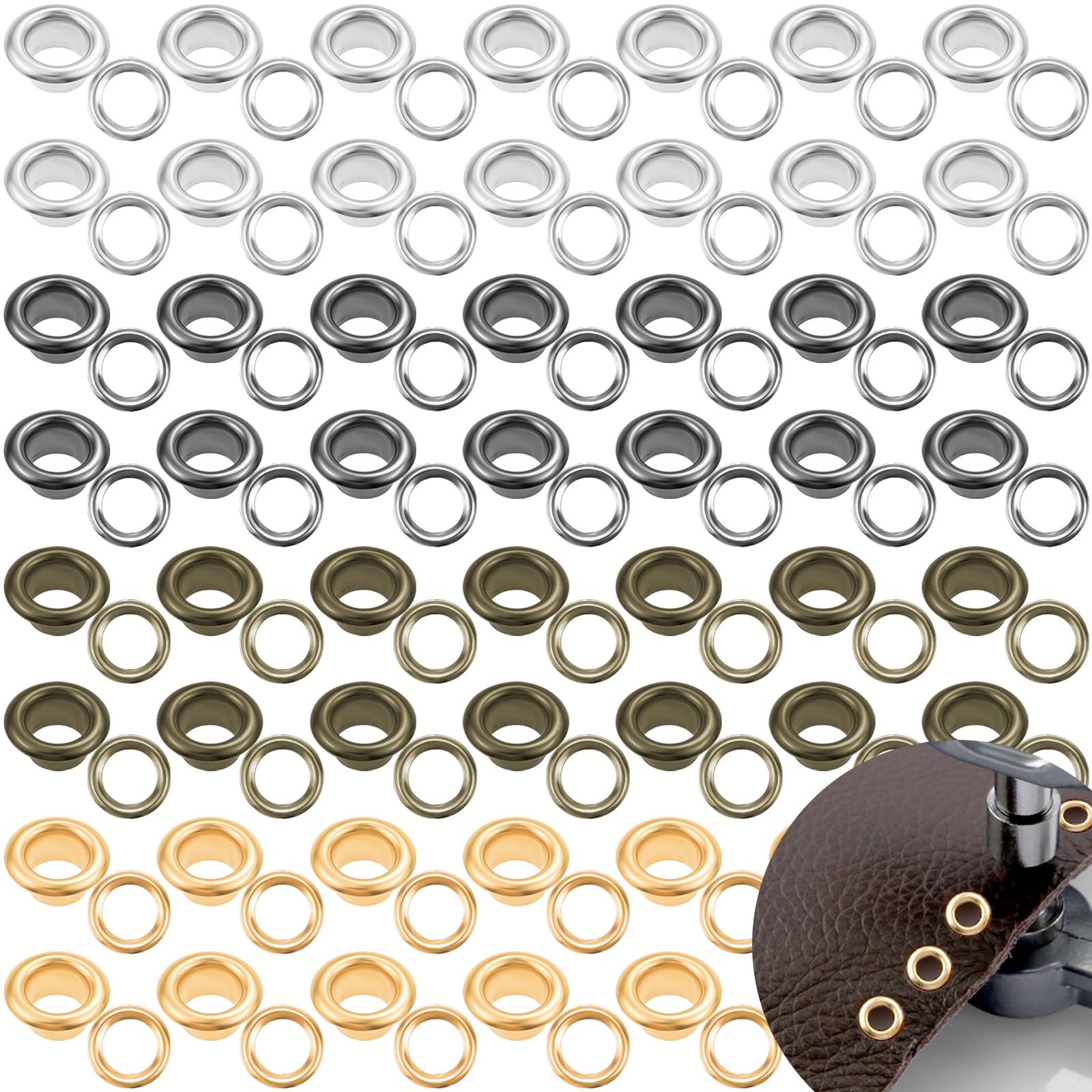 Photo 1 of 200 Sets 1/4 Inch Metal Grommet Eyelets with Washers, 6mm Hole Self Backing Eyelet Metal Grommet Kit for Repair Leather Canvas Fabric Curtain Clothes Shoes Bag