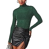 AISEW Womens Mesh Sheer Long Sleeve Glitter Tops Sexy See Through Sparkly Shirts Turtleneck Layering Top Shirt
