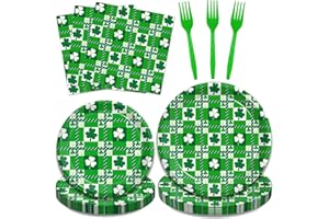 Kepeel St. Patrick's Day Party Paper Plates Napkins, Green Plaid Irish Shamrock Party Supplies Disposable Dinnerware Tableware for St. Patrick's Day Party, Serves 24