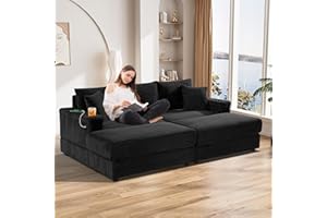 ONEMMLION Oversized Chaise Longue Chair Indoor with Ottoman, 87" W Corduroy Upholstered Modern Deep Seat Sofa Couch with USB Charging Ports⋓ Holder, Comfy Loveseat Sofa for Living Room, Black