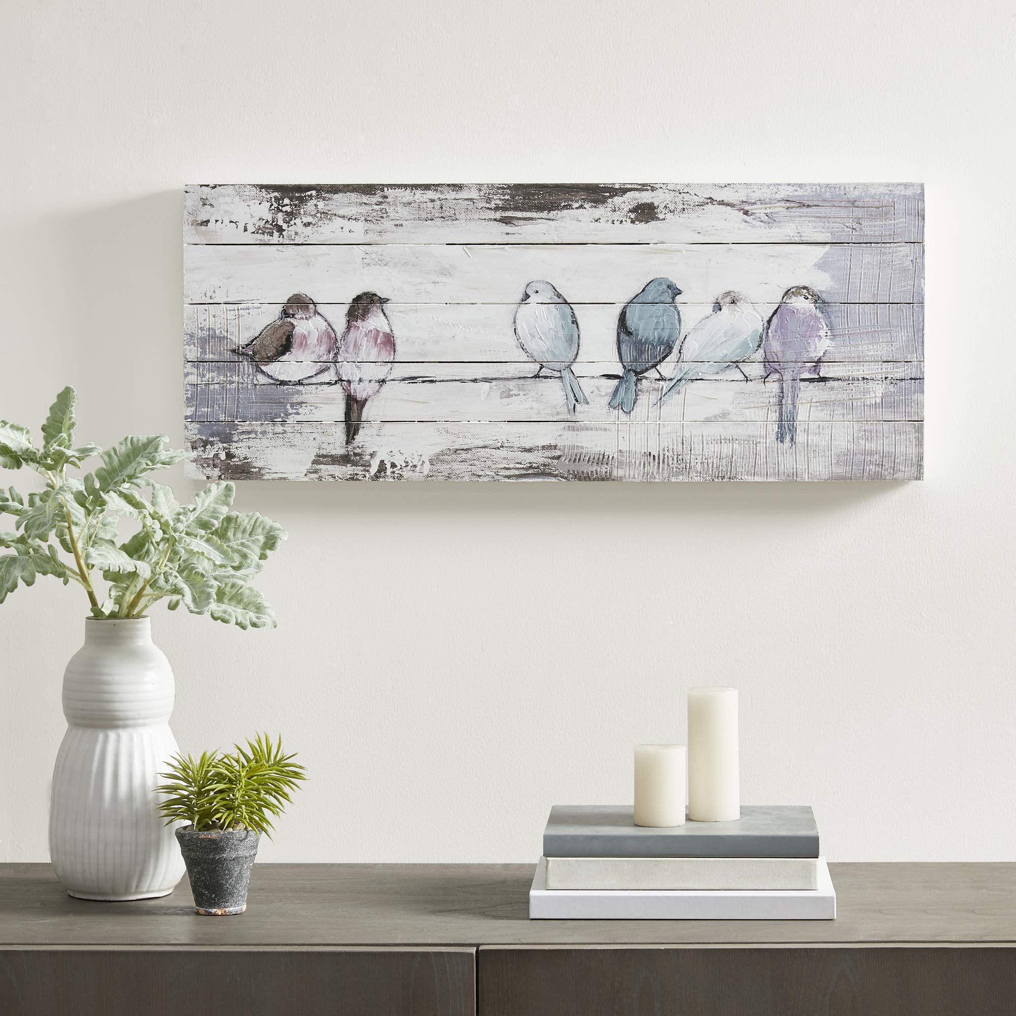 Photo 1 of Madison Park Perched Birds Wall Art Living Room Décor - Hand Painted Wood Plank, Home Accent Farmhouse Bathroom Decoration White/Grey,30"W x 12"H x 1.5"D
