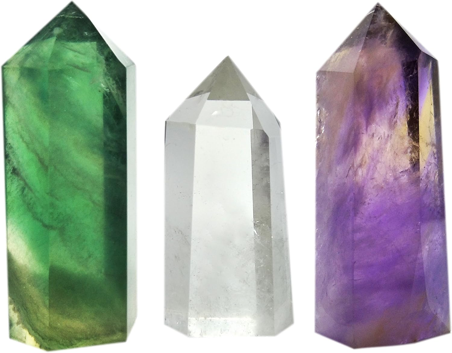 Indoor Fountains & Accessories - Set of 3 Healing Crystal Wands of 3 Stones: Clear Quartz, Fluorite, Amethyst Pointed & Faceted Prism Bars for Reiki Chakra Meditation Therapy Decor