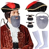 Tigeen 4 Pcs Renaissance Costume for Men Women, Renaissance Accessories Include Medieval Hat with Beard, White Socks, Historical Gold Shoe Buckle for Colonial Costume Parade Party