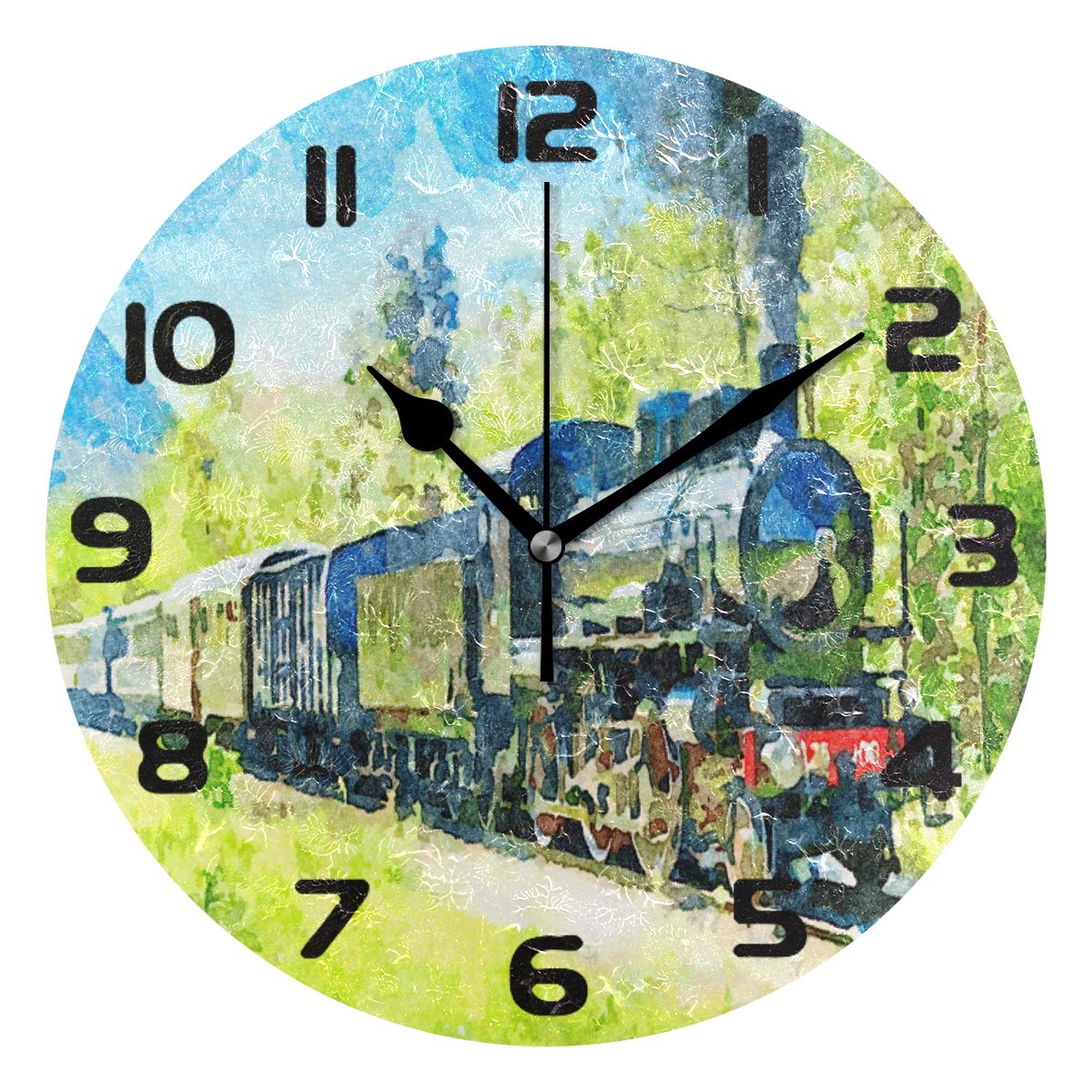Hunihuni Wall Clock Ancient Steam Train Silent Non-ticking Clock for Bedroom Living Room Home Office Decor