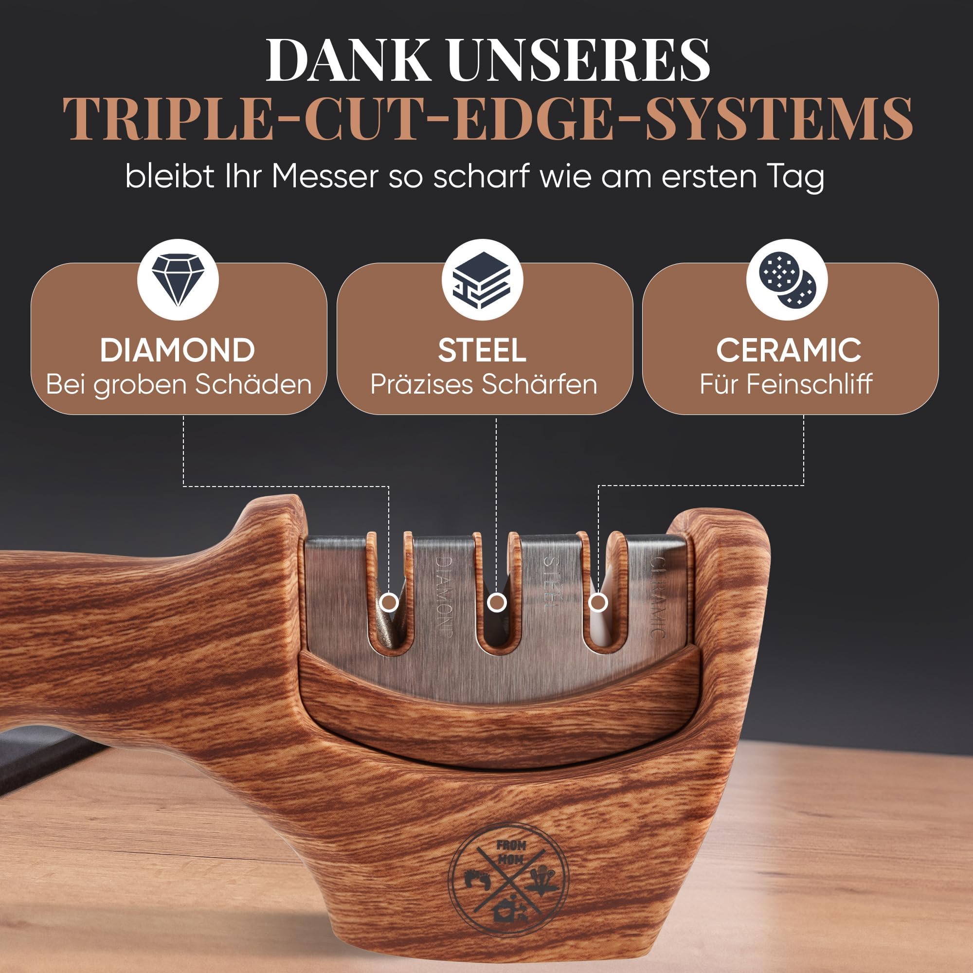 Diamant Messerschärfer Profi [3-in-1] Testsieger Messerschleifer Profi für scharfe Messer | Knife Sharpener, Rollschleifer, Messerschleifmaschine für schnelles Schärfen – Das Original From Mom by FM 2