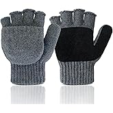 Evridwear Wool Convertible Fingerless Gloves, Winter Knitted Flap Mittens Thermal Insulated Warm for Cold Weather Men Women