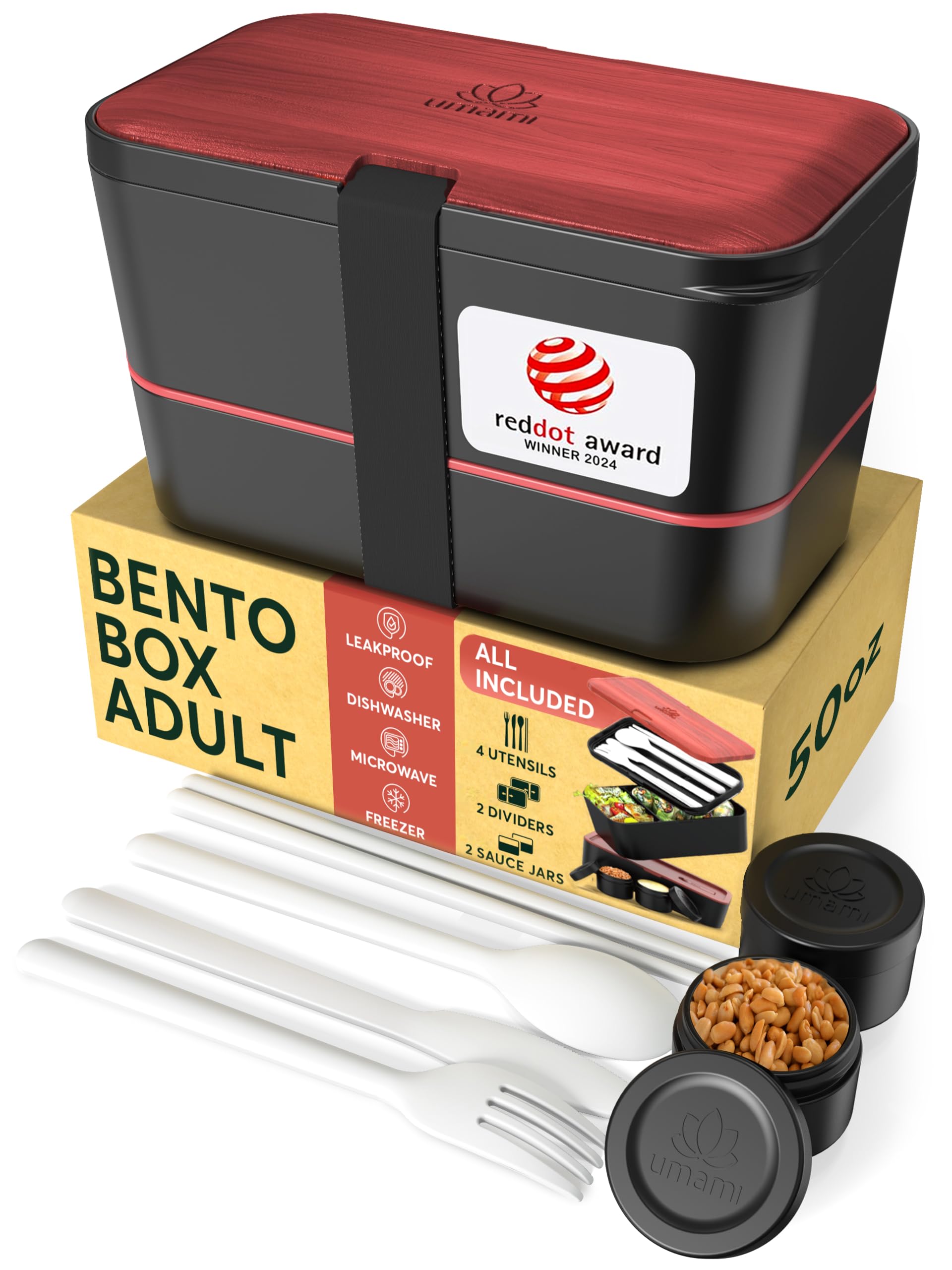 Umami Lunch Box Containers w/ 4 Utensils, Sauce Jar, Nestable Space-Saving Bento Box Adult, 100% Leakproof, Microwavable Lunch Containers for Adults, Design Award Winner
