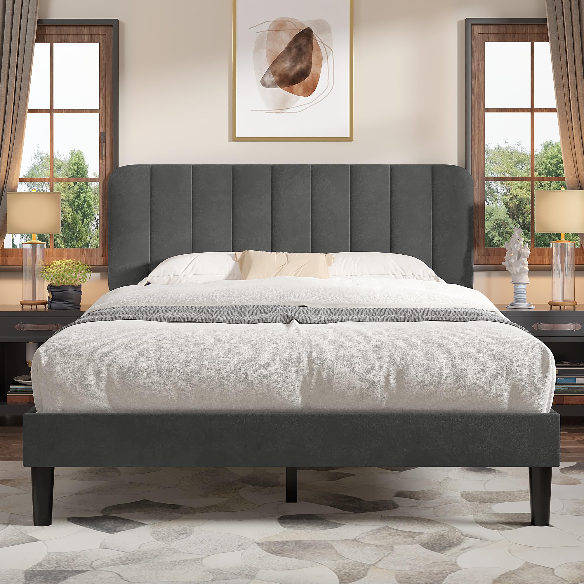 VECELO Full Size Bed Frame with Upholstered Headboard, Velvet Platform Bedframe Mattress Foundation, Strong Wood Slat Support, No Box Spring Needed,Grey Image