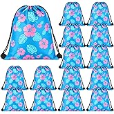 Sunnymove 12 Hawaiian Drawstring Bags Luau Hibiscus Palm Leaves Gift Bags Hawaii Treat Goodie Gift Backpack Party Favors for Birthday Summer Holiday Event Snack Supplies (Fresh)