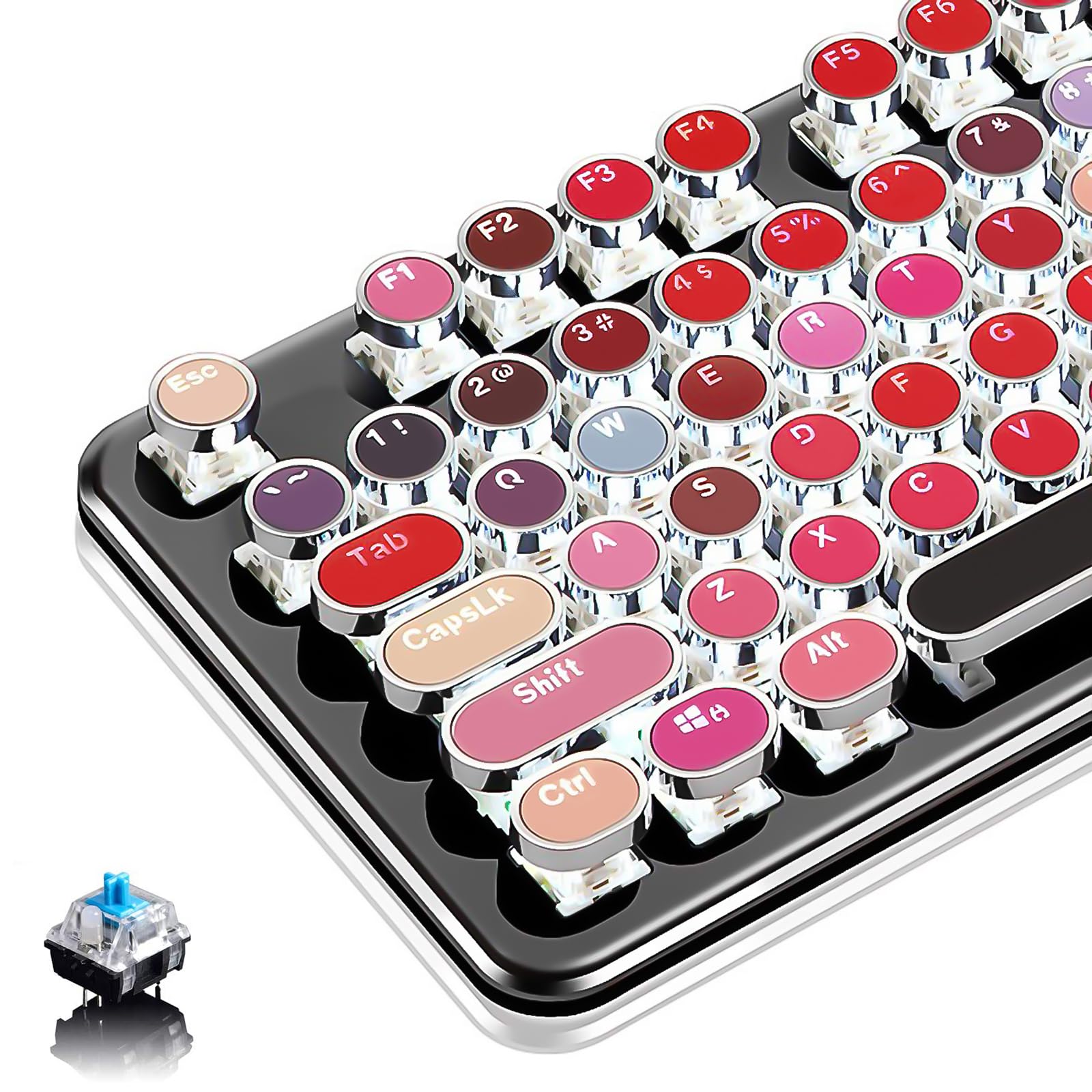 Basaltech Typewriter Style with White LED Backlight,Vintage Mechanical Gaming Keyboards with Lipstick Round Keycaps, Blue Switches 104-Keys Wired Keyboard Metal Panel for Laptop/pc