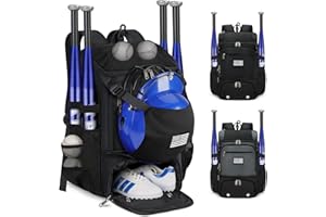 RAINSMORE Baseball Backpack, Lightweight Softball Bag with Shoe Compartment Baseball Bag for Youth & Adult Softball Bat Bag with Fence Hook Helmet Holder Sports Backpack for T-Ball