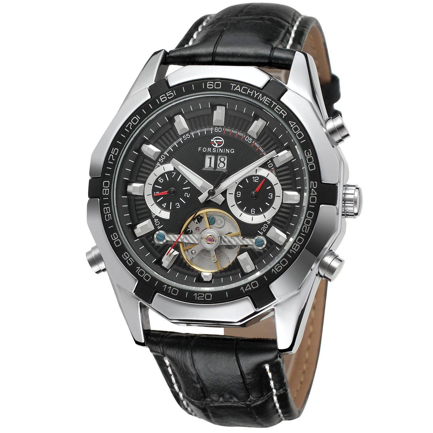 Forsining Men's Automatic Self-Winding Tourbillion Day Calendar Leather Strap Wrist Watch FSG340M3T1
