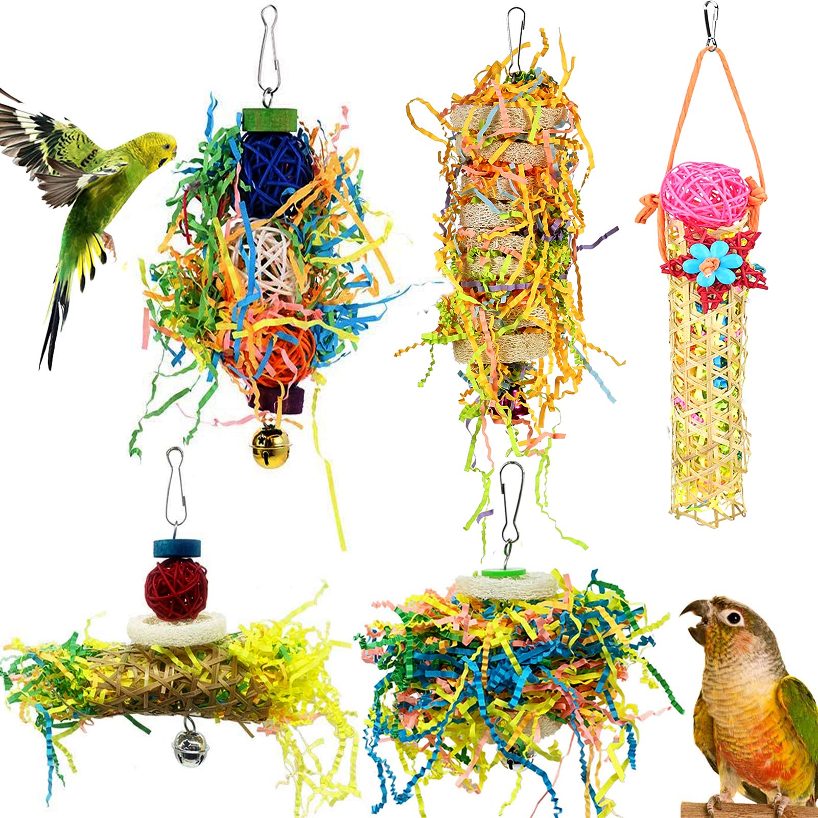 Heyu-Lotus 5 Pack Bird Shredding Toys - Hanging Toys for Small Parrots, Parakeets, Cockatiels, Budgies, Conures, Love Birds, Finches