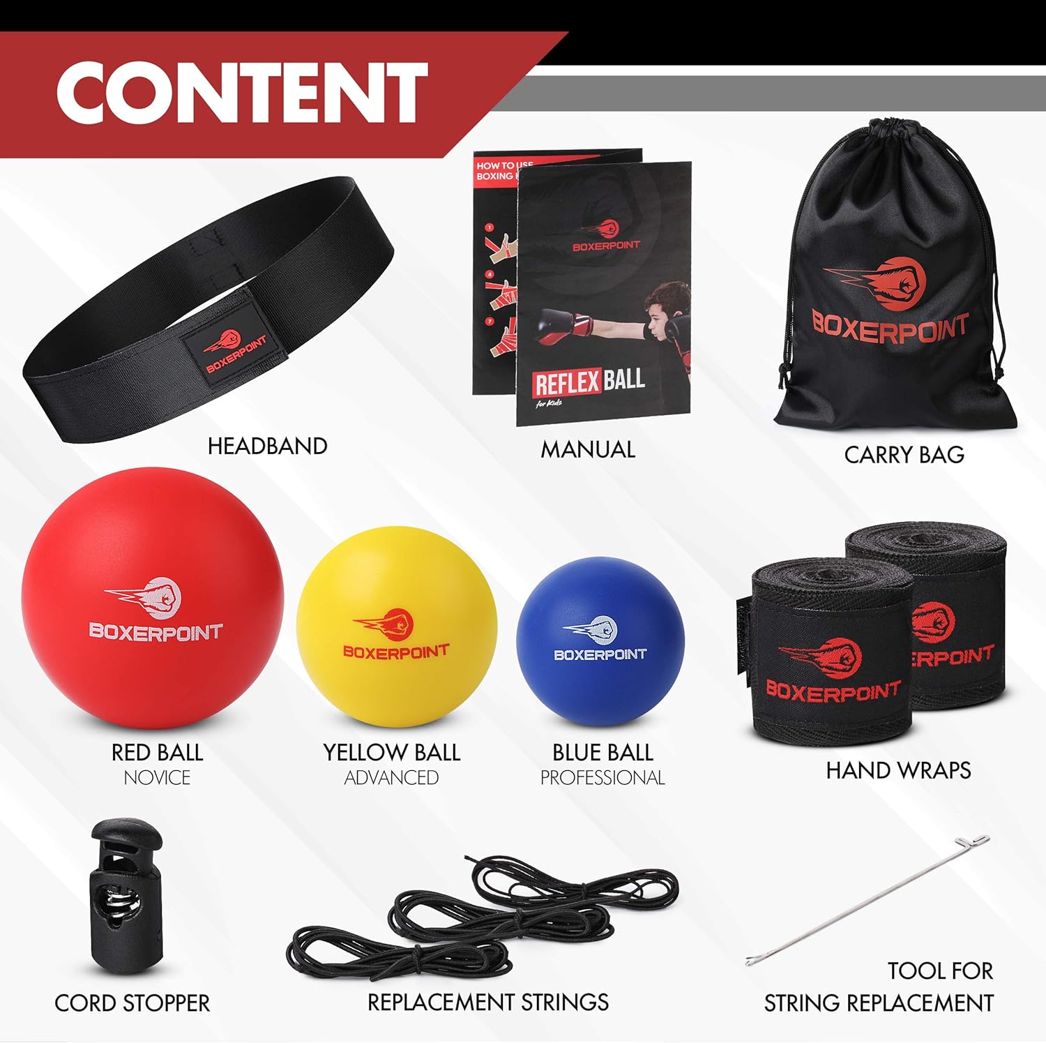 Boxerpoint Juego de bolas reflectantes de boxeo para niÃ±os, 3 pelotas de boxeo de nivel difÃ­cil, equipo de entrenamiento de boxeo con diadema ajustable, entrenador de boxeo y envolturas de mano, ideal para la coordinaciÃ³n de los ojos y manos