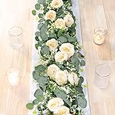 TOCHGREEN 2 Pack 12Ft Artificial Eucalyptus Flower Garland with Champagne Roses, Fake Rose Flower Greenery Garland Floral Vines for Wedding Home Party Table Runner Decor (2PCS, Champagne)