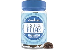 Stressballs De-Stress + Relax with Ashwagandha for Stress Relief Ginseng & Lemon Balm Herbal Blend Non-Drowsy Supplement Gummies, Lemon, 46 Count