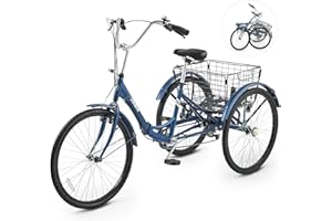 Viribus Foldable Adult Tricycle, 7 Speed Folding Tricycle for Adults with Large Detachable Basket, 3 Wheel Folding Bikes for Men Women Seniors, Adult Tricycle Folding for Picnic Beach, 26" 24"