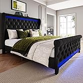 Belffin King Size Bed Frame with Headboard,50" Tall Headboard Upholstered Velvet Platform Bed with LED Lights & 2 USB Port/1 Type C Port, Button Tufted, No Box Spring Needed,Noise Free,Black
