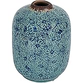 Creative Co-Op Decorative Round Terra-Cotta Vase with Floral Pattern with Distressed Finish, Blue