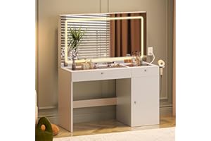 YITAHOME Large Vanity Desk with Mirror & Light, 5 Drawer & 3 Level Storage Dresser, 3 Lighting Modes Adjustable Brightness, Bedroom Dressing Table, White, 47.2" W x 17.7" D