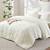 CozyLux Queen Comforter Set Ivory Seersucker 7 Pieces Bed in a Bag Queen Comforter Set with Sheets, Luxury Soft Bedding Set with Down Alternative Comforter, Sheets, Pillowcases & Shams for All Seasons
