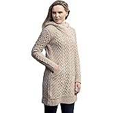 Aran Crafts Women's Cable Knit Long Hooded Side Zip Coat (100% Merino Wool)