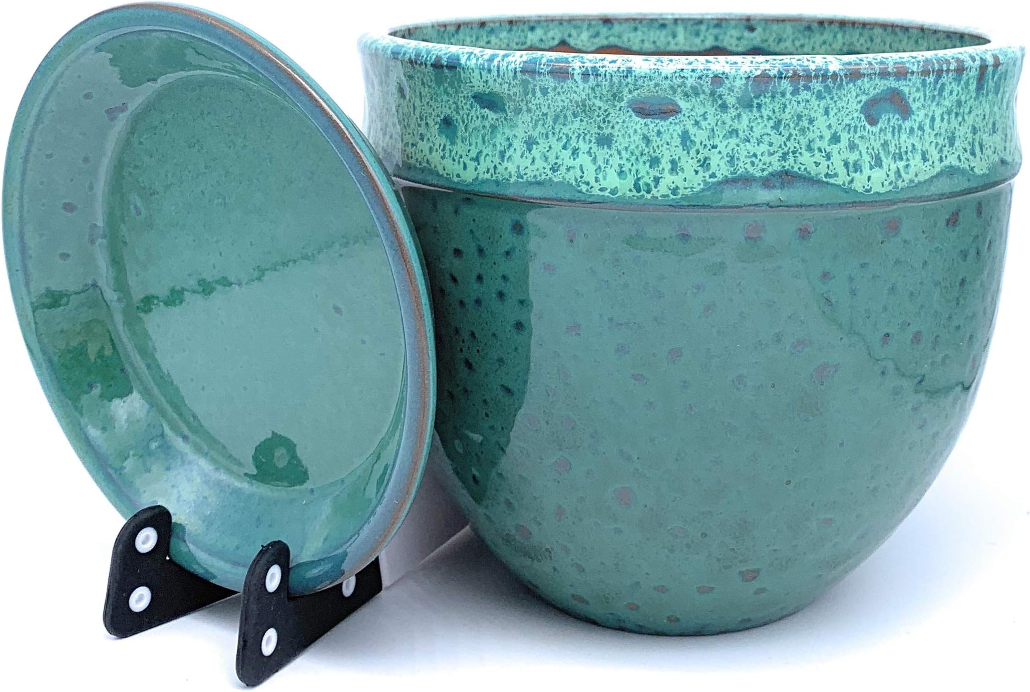 Sun Cakes Ceramic Plant Pot Glazed with Saucer Round Terracotta with Drip Tray Flower Pot Clay Coloured Flower Pot Bella (20cm x 17cm, Green)