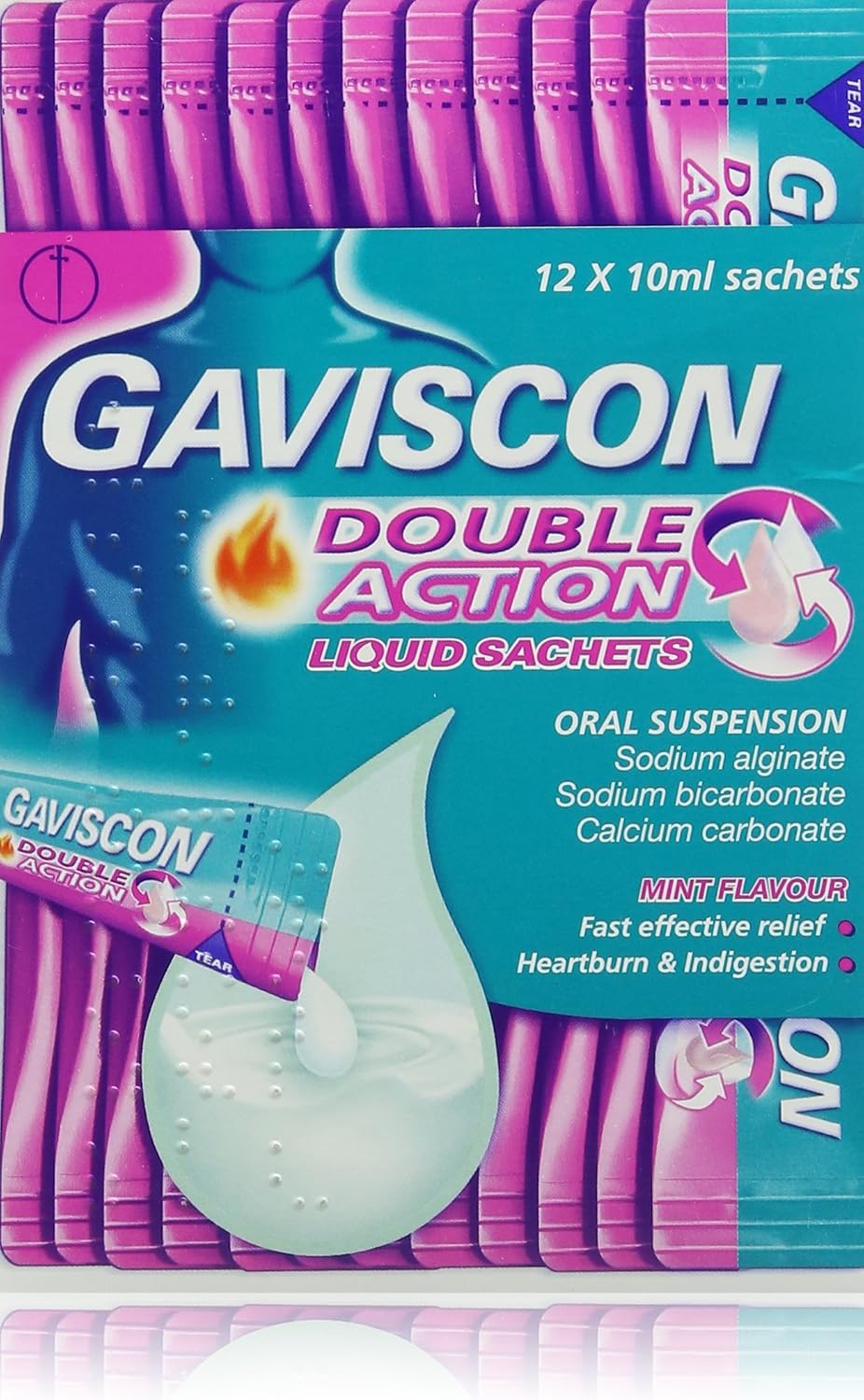 Gaviscon Double Action Mint Liquid Sachets, 12 Pack, Fast-Acting Heartburn, Indigestion, Acid, Stomach Pain Relief