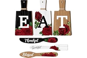 WESITI 6 Pieces Cutting Board Kitchen Decor Red Rose Eat Sign Set Wooden Kitchen Knife Fork Spoon with Thankful Grateful Blessed Hanging Sign Rustic Farmhouse Wall Art for Christmas Wedding Home Decoration