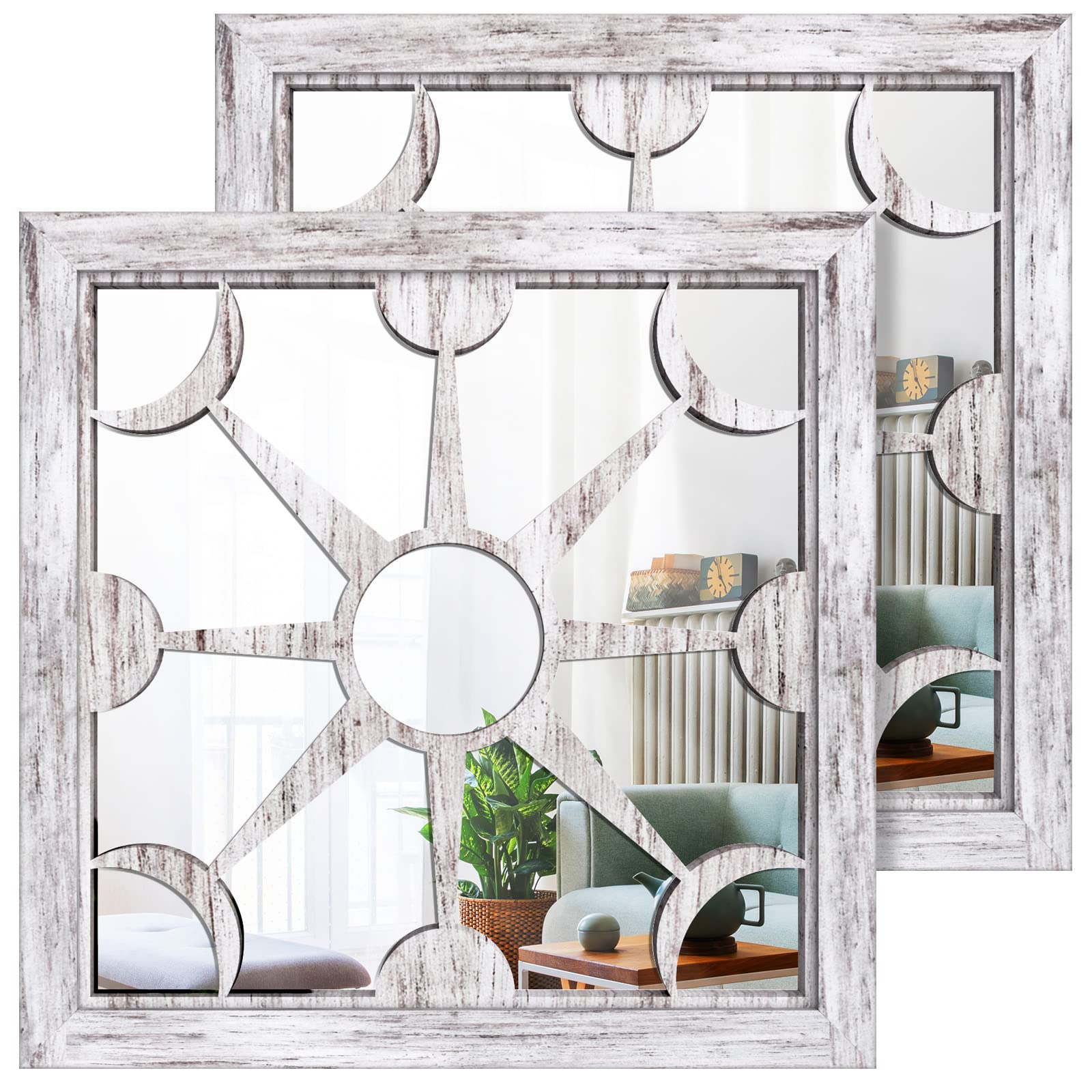 ART-GIFTREE Square Mirror Wall Decor 2PCS, Farmhouse Indoor/Outdoor Wall-mounted Mirrors 12x12 inches for Living Room, Hallway, Entryway, Garden Mirrors Outdoor for walls(Shabby Whitewashed Wood)