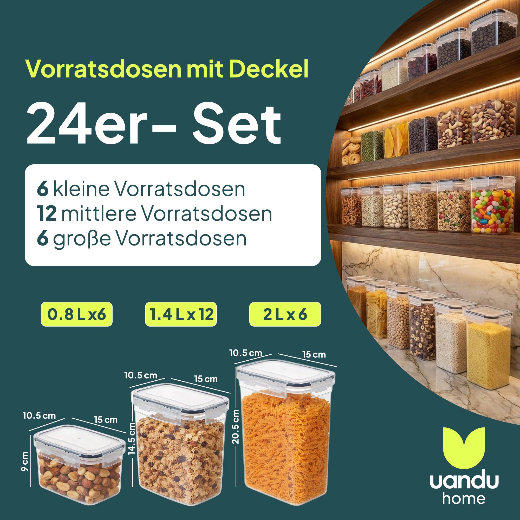 uandu Vorratsdosen mit Deckel luftdicht – 24er Vorratsbehälter Set BPA Frei, Reisbehälter, Aufbewahrungsbox Küche für Müsli, Mehl & Zucker, Mit Schreibstift und Etikett 2