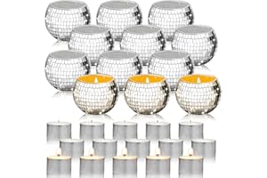 Maxcheck 24 Pcs Disco Ball Candle Holders Bulk Wedding Decoration Disco Ball Centerpieces Includes 12 Votive Mosaic Glass Tea Light Holders and 12 Tea Light Candles for Activity Party