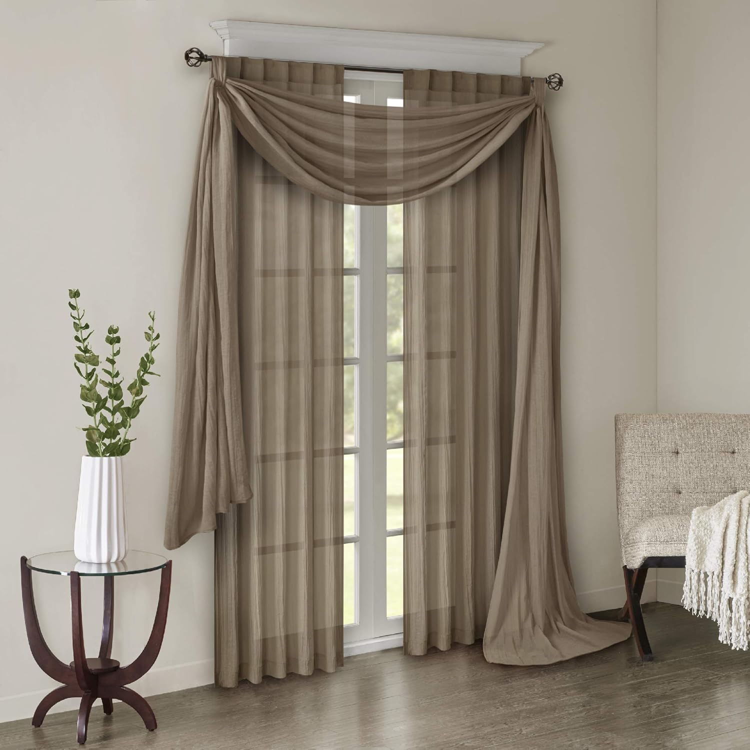 Madison Park Harper Sheer Bedroom, Modern Contemporary Window Curtain for Kitchen, Solid Fabric Panels, 42" x 216", Taupe: Home & Kitchen