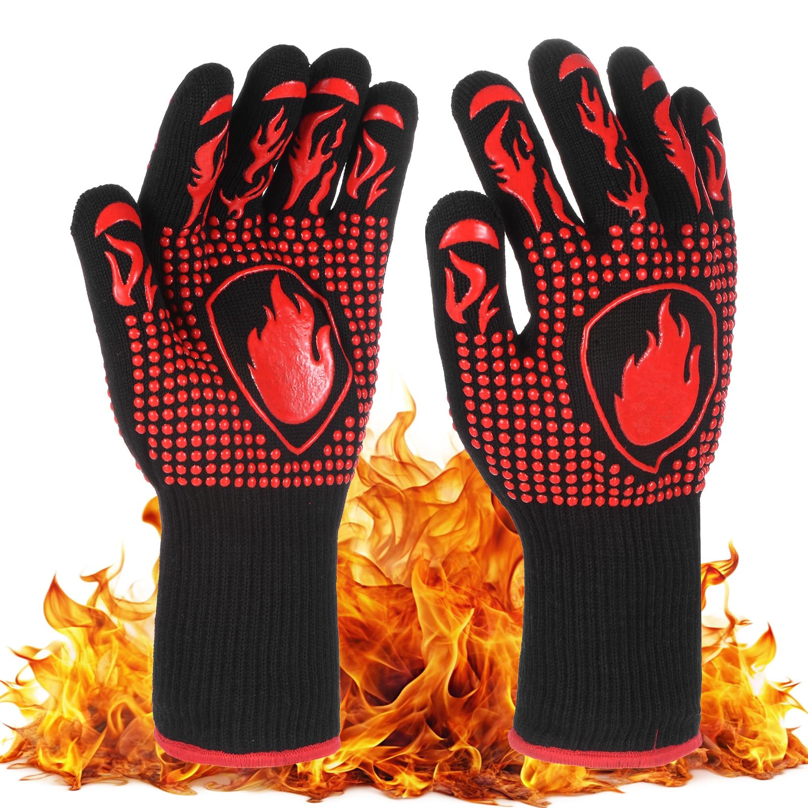 M METERXITY Grilling Gloves Heat Resistant BBQ Gloves, 1472°F High Temp Resistance Silicone Fireproof Gloves, Grill Mitts for Outdoor Grill/Oven/Cooking/Smoker Baking Gloves [Red/Black]