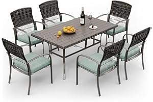 Pamapic Patio Dining Table Set, Outdoor Dining Set 7 Piece, Outdoor Wicker Furniture Set with Removable Cushions for Backyard Garden Deck/Iron Slats Table Top(Green)