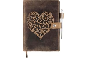 Refillable Leather Journal Lined Notebook - Journals for Women with Embossed Heart Shape – Handmade Leather Notebook with Pen Holder – Includes Premium-Milled A5 Lined Paper & Luxury Pen by Moonster
