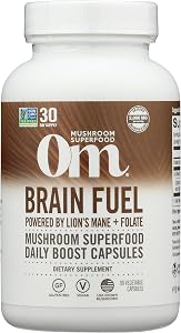 OM MUSHROOM SUPERFOOD Brain Fuel Mushroom Powder Capsules Superfood Supplement, 90 Count, 30 Days, Lion's Mane, Reishi Blend 